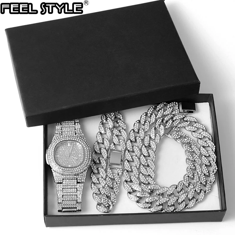 Gold Gold Necklace +Watch+Bracelet Hip Hop Miami Curb Cuban Chain Iced Out Paved Rhinestones CZ Bling Rapper For Men Jewelry