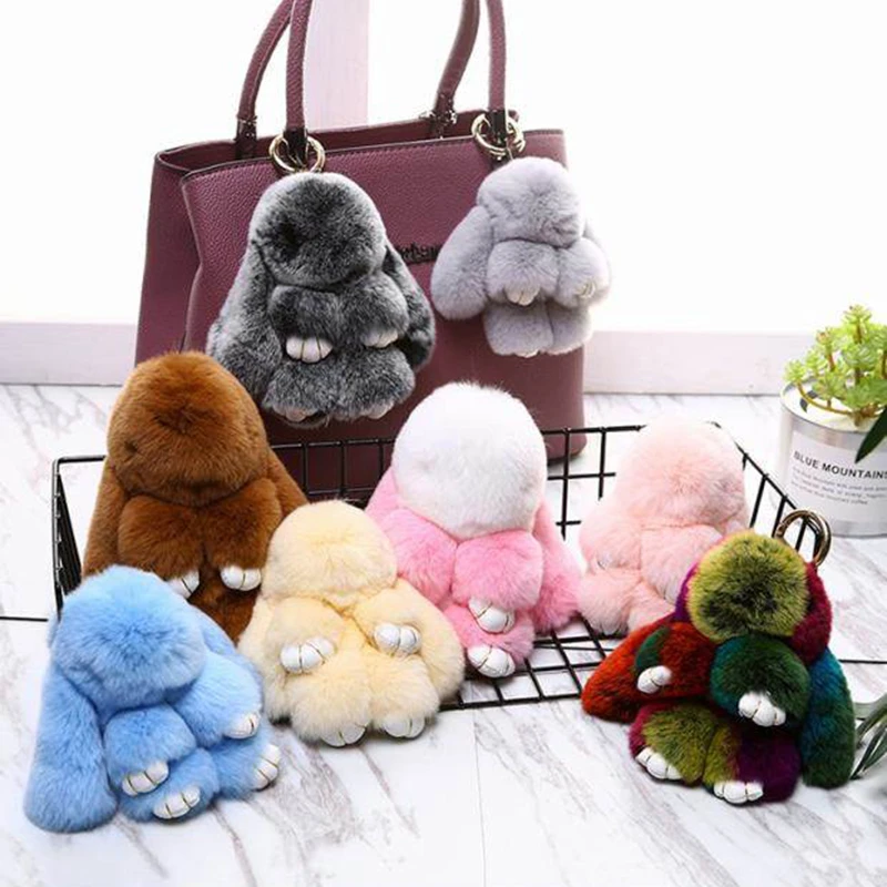 14/18cm Anime Gifts Pluff Bunny Keychain Rabbit Fur Keyring For Bag  simulation Toy Doll Fluffy Pom Pom Lovely car pendants