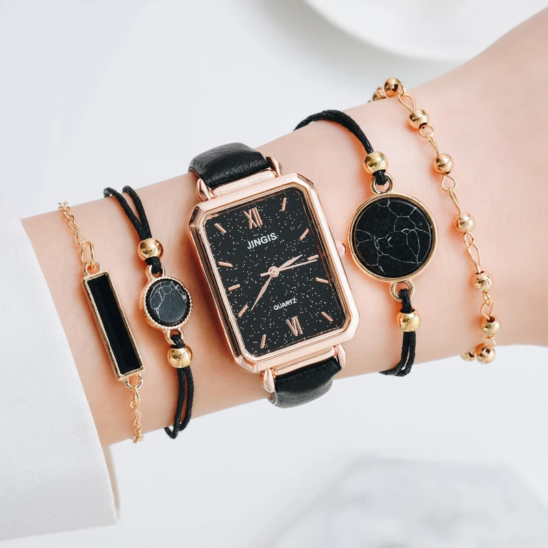 5pcs Set Watches Women Fashion Square Green Dial Leather Ladies Bracelet Watches Set Quartz Wrist Watch Black Clock Dropshipping