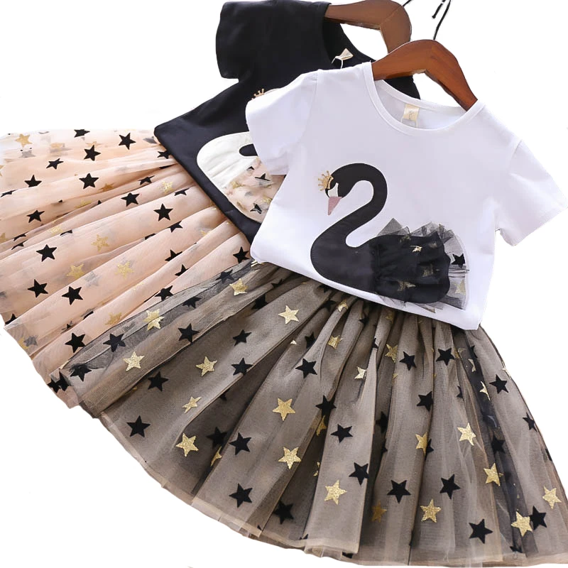 Girls Clothing Set Swan T-Shirt + Star Mesh 2Pcs Suit 2 Colors Summer Wear Kids Birthday Party Present For 2-8 Years Children