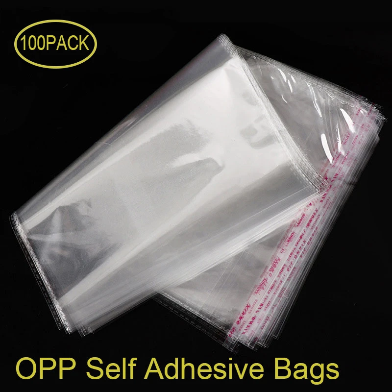 100 Pcs OPP Self Adhesive Seal Plastic Bags Transparent Clear Resealable Cellophane Poly Storage Packaging Dustproof
