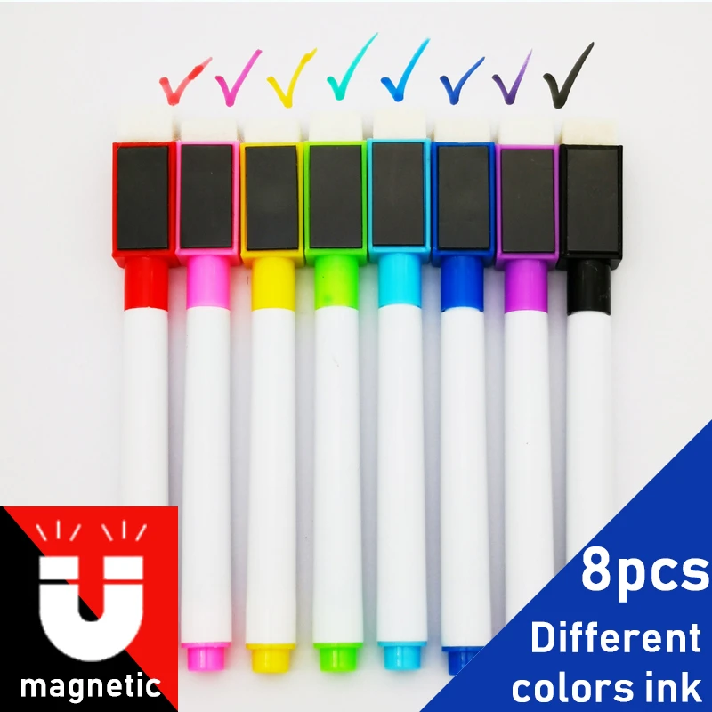 8Pcs/lot Colorful Black School Classroom Supplies Magnetic Whiteboard Pen Markers Dry Eraser Pages Children's Drawing Pen