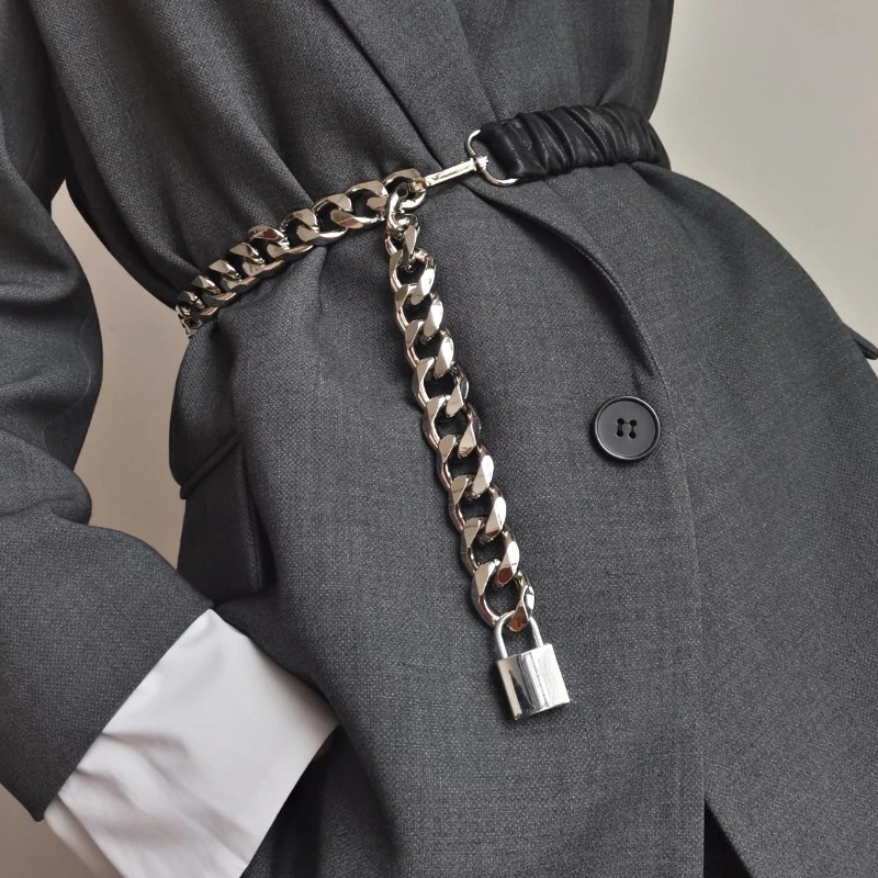 Elastic silver chain belt ladies dress cummerbunds stretch corset belts for women high quality coat ceinture femme lock metal