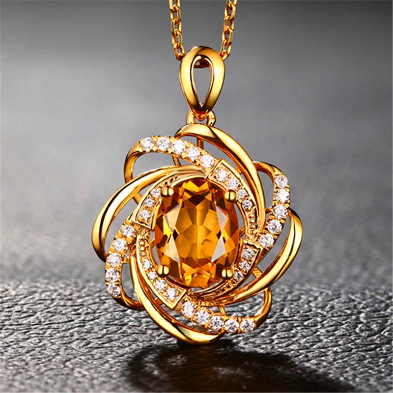 Luxury Female Champagne Crystal Pendant Necklace Cute Gold Color Chain Necklaces For Women Vintage Oval Flower Wedding Necklace