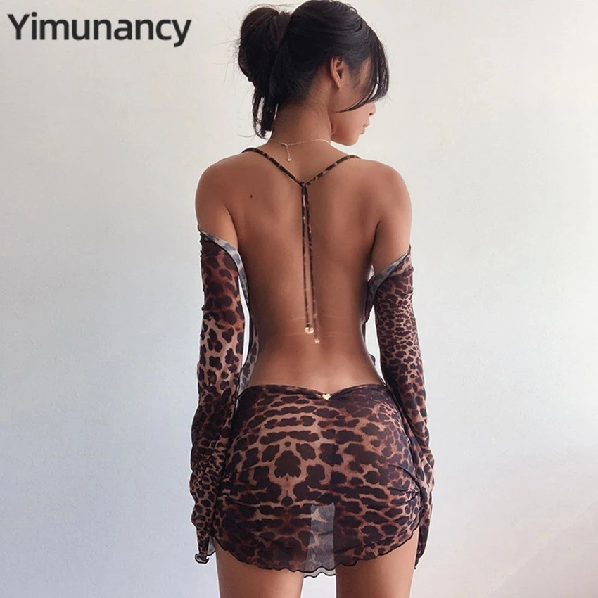 Yimunancy Leopard Print Backless Dress Women Long Sleeve Mesh Dress 2021 Spring Halter Transparent Sexy Club Dress Vestidos