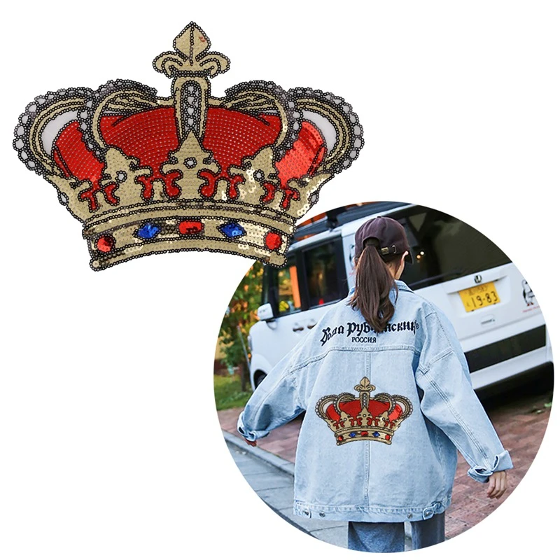 Fine Queen Crown Patches Sequins Patch Golden Big Size T-shirts Cartoon Decoration For Clothes DIY Sew On Patches Appliques
