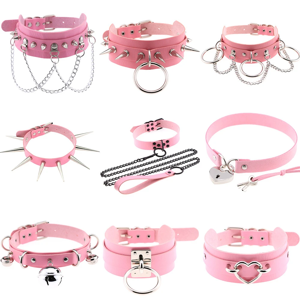 Gothic Harajuku Pink Leather Choker Necklaces for Women 2021 New Fashion Korean Chains on The Neck Egirls Goth Necklace Jewelry