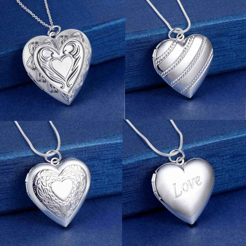 wholesale Fine Silver color Photo Frame Pendant Necklace Snake Chain For Woman Charm Wedding Fashion Jewelry JSLN067