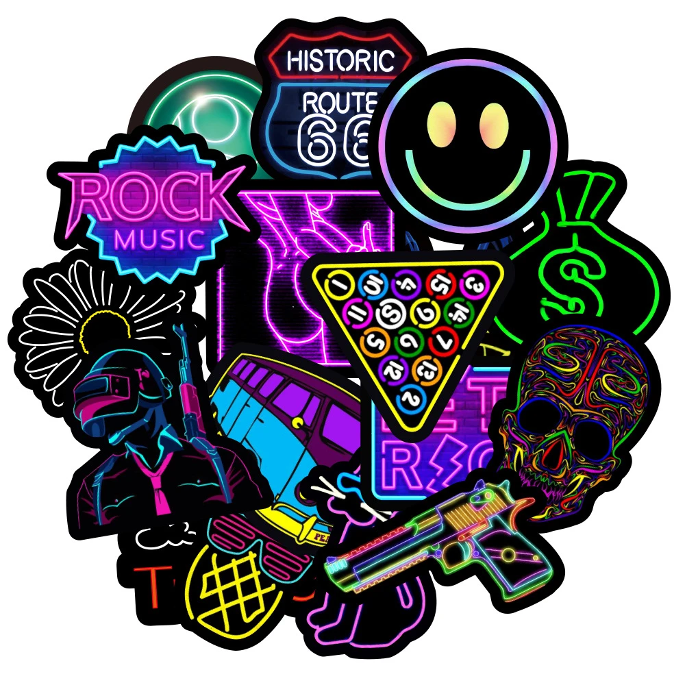 10/30/50pcs Neon Light Stickers Cool Decals Kids Toy Sticker For Laptop Phone Skateboard Motorcycle Suitcase Guitar Fridge Car