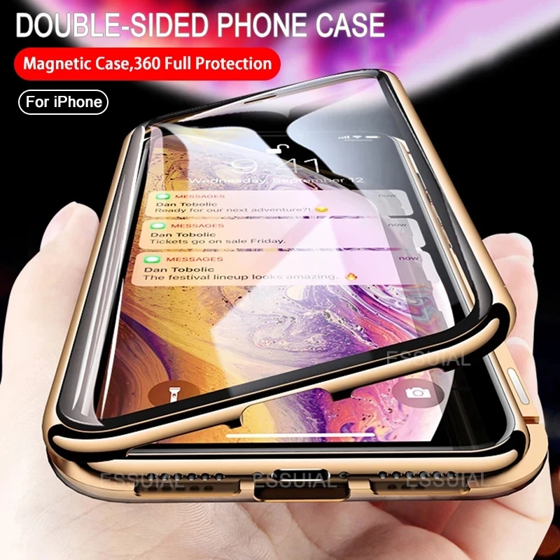 Metal Adsorption Magnetic Case For iPhone 12 11 Pro XS Max Double-Sided Glass Magnet Cover For iPhone 7 8 6 6s Plus X XR SE Case