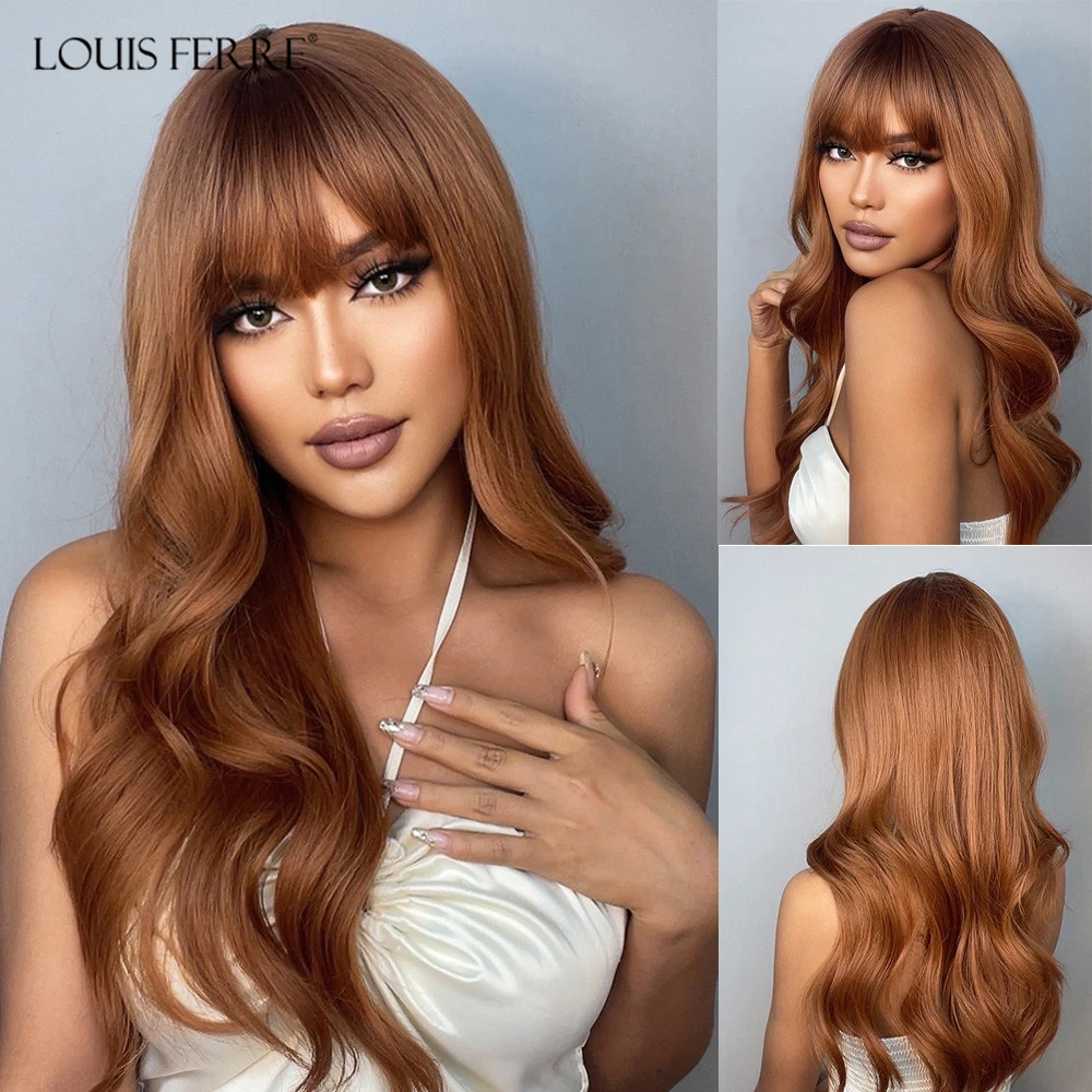 LOUIS FERRE Long Ombre Brown Wigs for Women Synthetic Natural Wave Hair Middle Parted Cosplay Orange Brown Wigs Heat Resistant