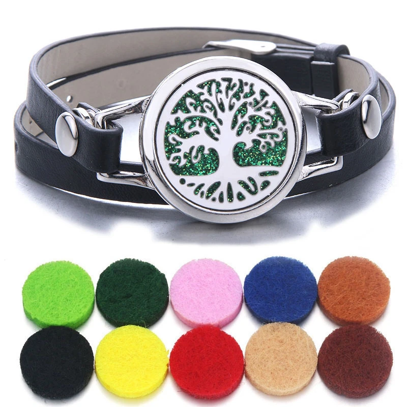 Tree of Life Aromatherapy Jewelry Essential Oil Diffuser Locket Leather Bracelet Magnet Stainless Steel Perfume Aroma Bracelet