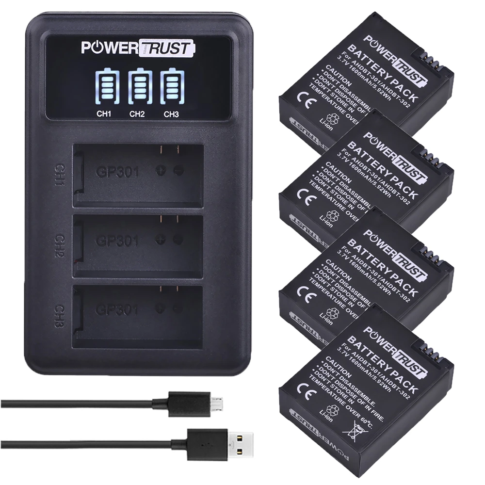 3.7V 1600mAh AHDBT-301 AHDBT301 AHDBT 301 Li-ion Battery for GoPro Hero3 + LED 3-Channel USB Charger for Gopro Hero 3/3+