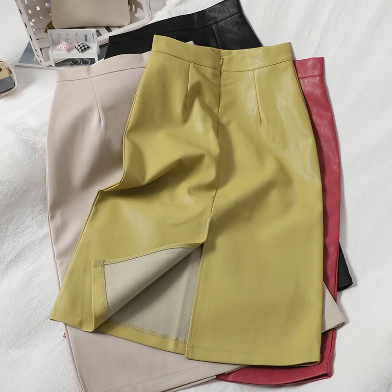 HELIAR Women PU Leather Skirts High Waist Solid Straight Elegant Split Skirt Midi Leather Skirts For Women 2021 Autumn