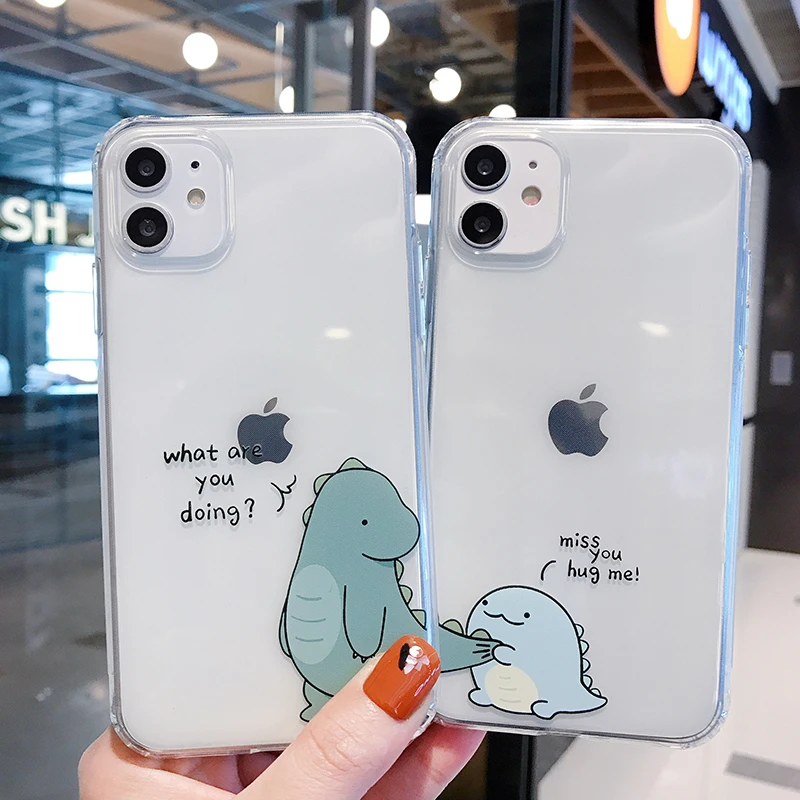 Cute Cartoon Animal Dinosaur Pig Couple Phone Case For iPhone 11 Pro Max X XS XR 7 8 plus 12 Mini Transparent Soft Cover