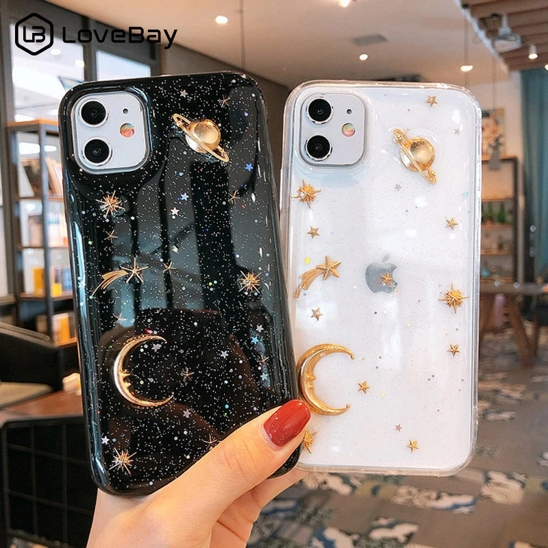 Clear Bling Moon Stars Phone Case For iPhone 13 Pro 12 7 8 6 6s Plus 11 Pro X XR XS Max Glitter Planet Soft TPU Silicone Cover