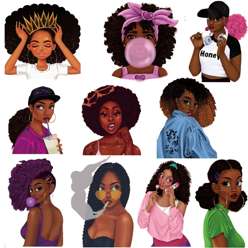 Beauty African Girl Patch Thermal Sticker On Clothes Heat Transfer DIY T-shirt Patches For Clothing Fashion Girl Iron On Patch