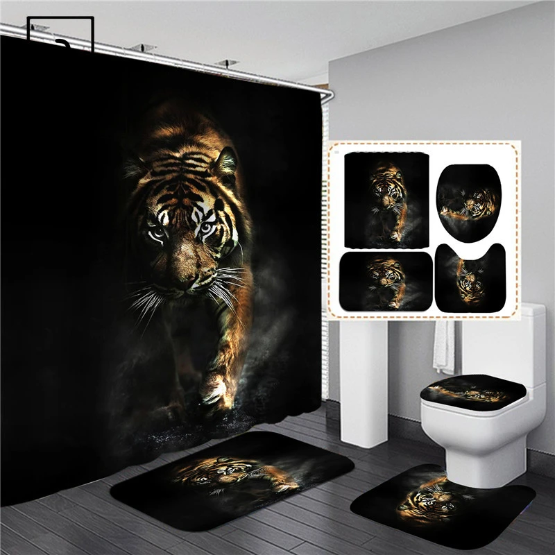 Black Tiger Animals Printed Shower Curtain Set Bathroom Bathing Screen Anti-slip Toilet Lid Cover Carpet Rugs Kitchen Home Decor