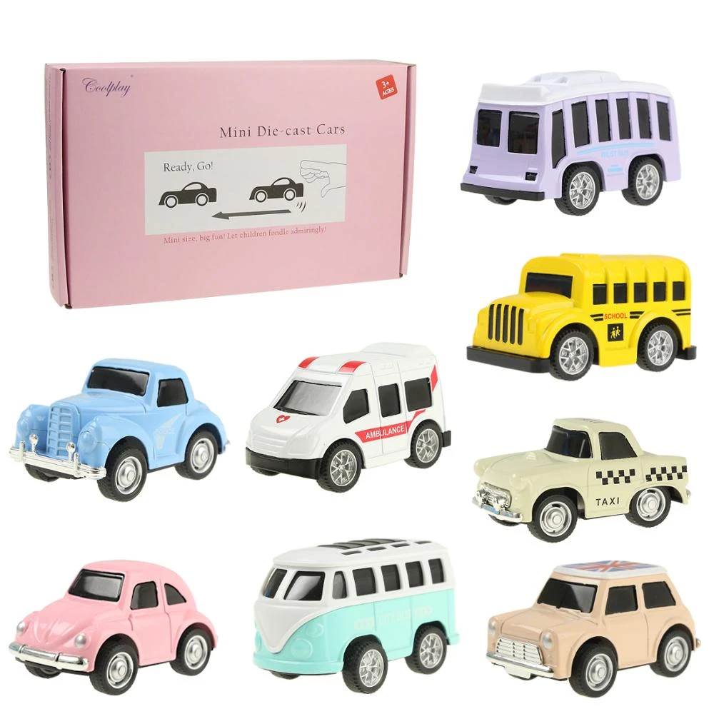 Coolplay Cute Mini Diecast Car Alloy Pull Back Vehicles Model Toy Metal Lovely Colorful Taxi Bus Toys Alloy Car For Kids Gift