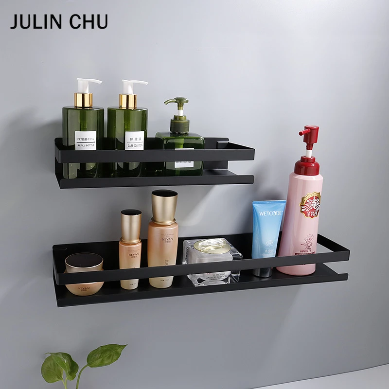 Stainless Steel Bathroom Shelf Black Shower Shampoo Storage Rack Adhesive Suqare Kitchen Bathroom Shlef  20cm 30cm 40cm 50cm