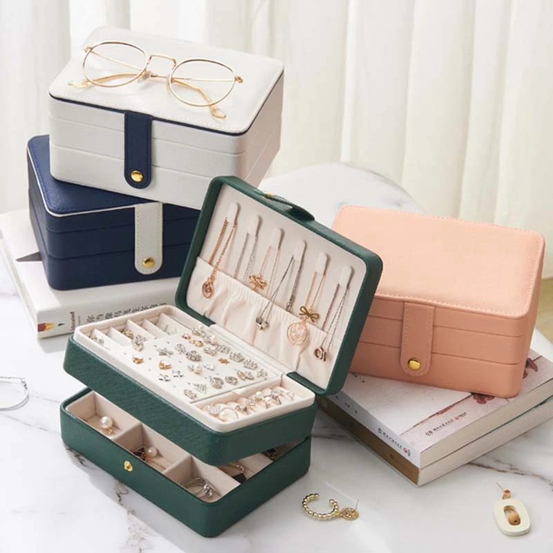 Newly Double Layer Jewelry Box Green Practical Earrings Necklaces Display High Quality PU Leather Jewelry Organizer For Women