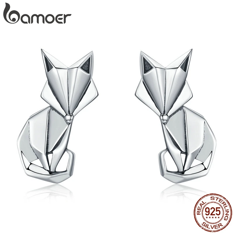 BAMOER Hot Sale Genuine 925 Sterling Silver Fashion Folding Fox Animal Stud Earrings for Women Sterling Silver Jewelry SCE526