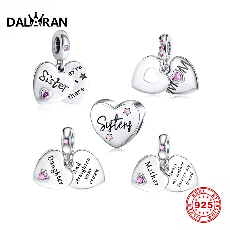 DALARAN Heart Shape 925 Sterling Silver Mom Daughter CZ Bead Charms Fit Original Pandora Bracelet Silver 925 Original Jewelry