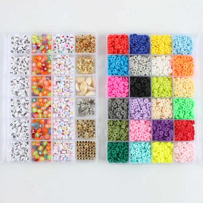 48Grid Clay Slice+Letter Set 24Color 4800Pcs 6mm Flat Round Polymer Clay Beads 900Pcs Acrylic Letter for DIY Jewelry Making