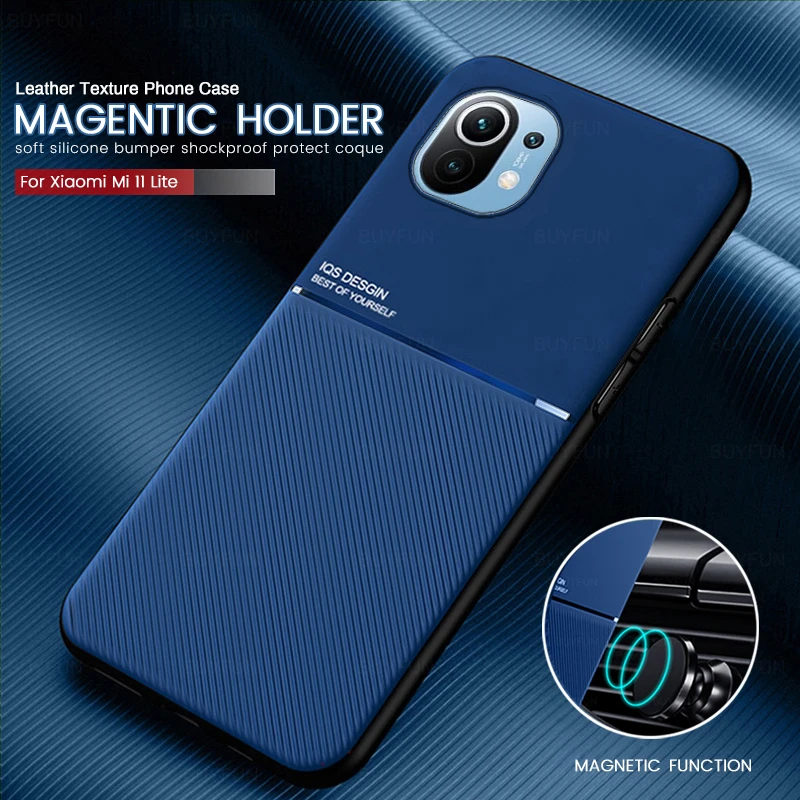 leather texture car magnetic holder case for xiaomi xiomi mi11i mi11 mi 11 lite 11i 11lite light silicone frame shockproof coque