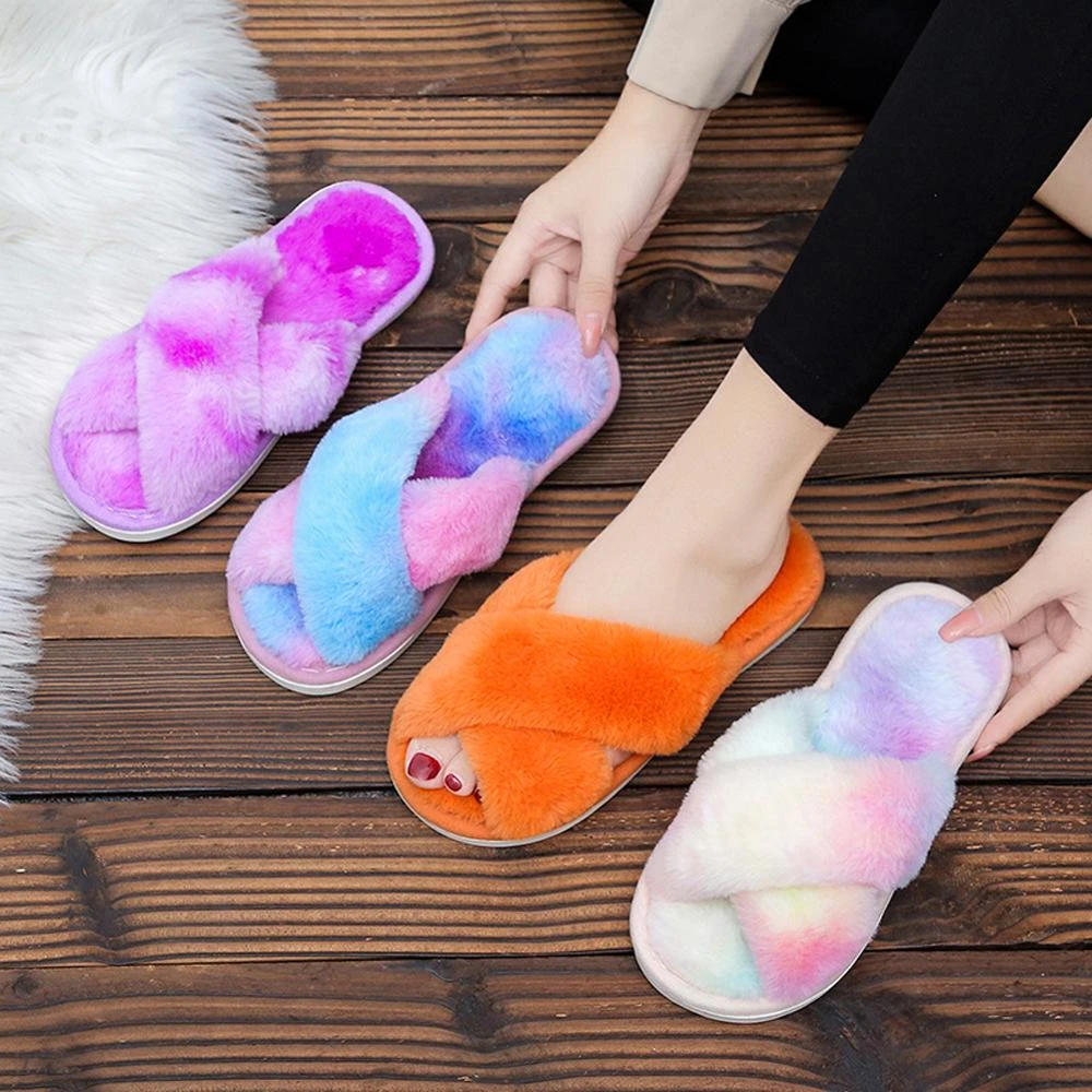 Women Winter Fluffy Slippers Flat Shoes Warm Multicolored Faux Fur Indoor Slippers Cross Plush Open Toe Female Slippers WJ082