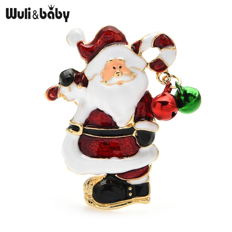Wuli&baby Jinglebell Santa Claus Brooches Cute Enamel Father Christmas Brooch Pins Women Unisex New Year Jewelry Gifts