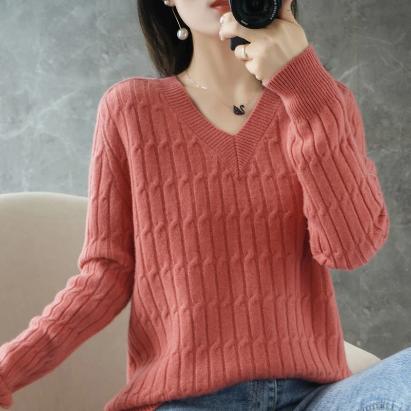 Autumn and winter twist sweater women loose Korean version all-match big size jacket new V-neck long sleeve  head bottom sweater