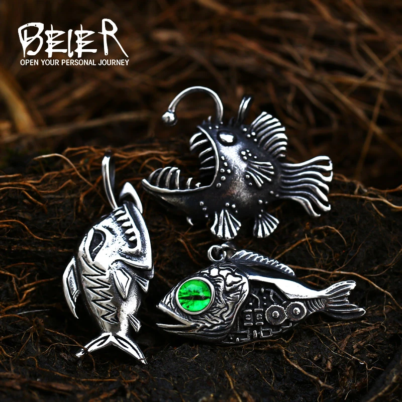 Beier Stainless Steel fashion Lantern animal Fish Pendant Chain Necklace men punk Jewelry gift LHP196
