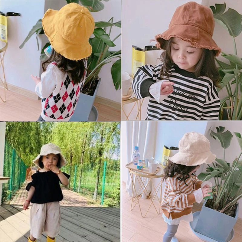 Toddler Baby Cotton Sunscreen Floppy Bucket Cap Solid Color Vintage Washed Fringed Tassels Wide Brim Hip Hop Kids Fisherman Hat