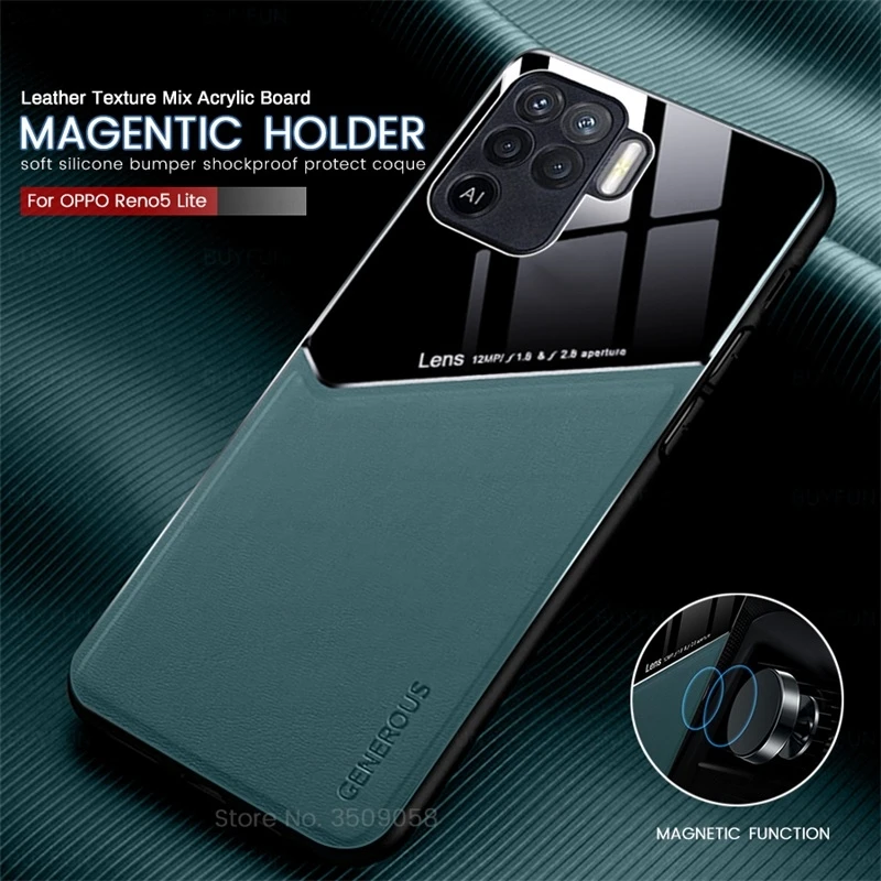 leather texure car magnetic holder cover for oppo reno5 lite reno 5lite renault 5 light case soft silicon frame shockproof coque