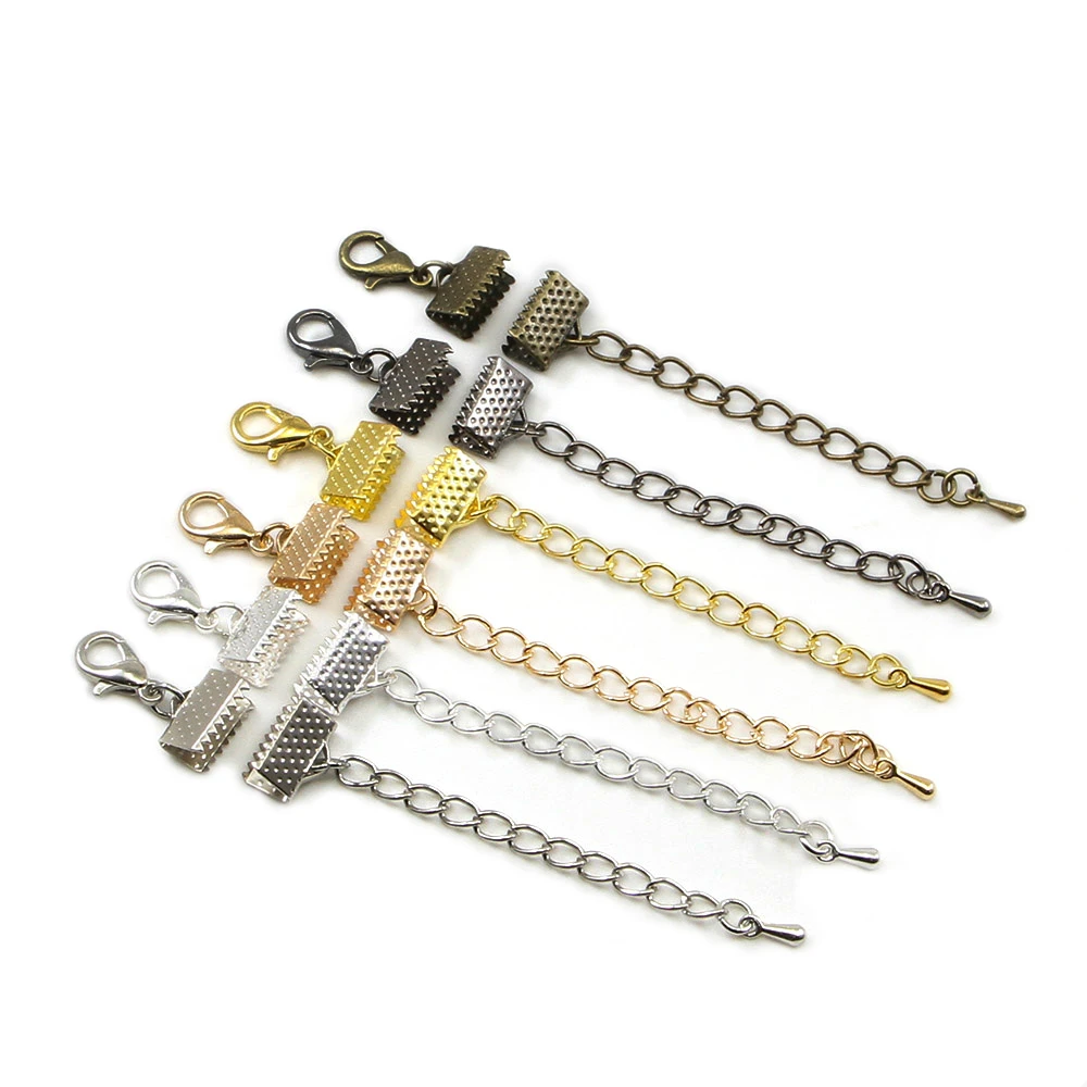 10pcs/lot Ribbon Leather Cord End Fastener Clasps With Chains Lobster Clasps Connectors For Bracelet Diy Jewelry Making Findings