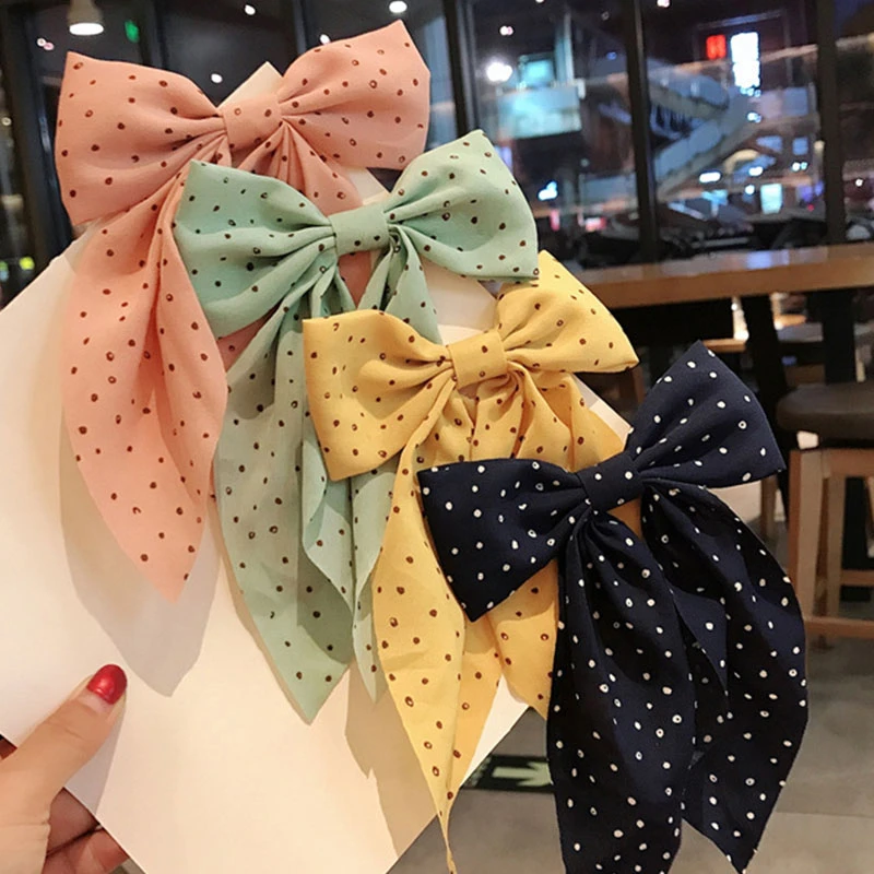 Polka Dot Print Big Bow Hair Clips Barrettes Bow Knotted Long Ribbon Chiffon Hairpin for Women Girls Hair Accessories Hairband