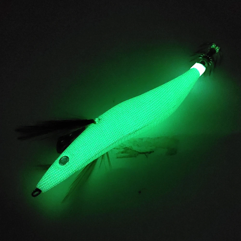 Luminous Squid Jigs 1 Piece White Glow Wood Shrimp with Octopus Squid Jig Hooks Cuttlefish Fishing Lure Size 2.5# 3.0# 3.5#