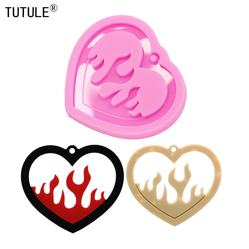 Shiny Heart fire flame Earrings Mold, Keychain Hand Made Flexible Silicone Rubber Mold, Epoxy Resin Polymer Clay Jewelry Molds
