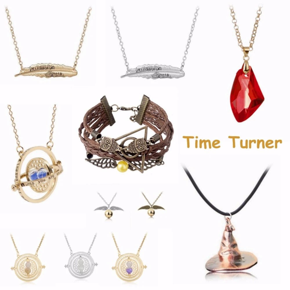 2021 Harri Potter Time Turner Hourglass Necklace Magic Wand Keychain Hermione Red Stone Golden Snitche Death Hallow Bracelet Toy