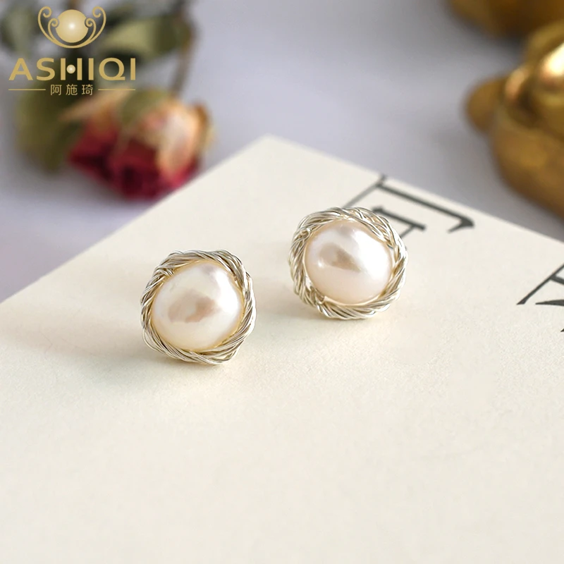 ASHIQI  Handmade Real 925 Sterling Silver Stud Unusual Earrings 2020 Trendy for Women Natural Freshwater Pearl Jewelry Gift