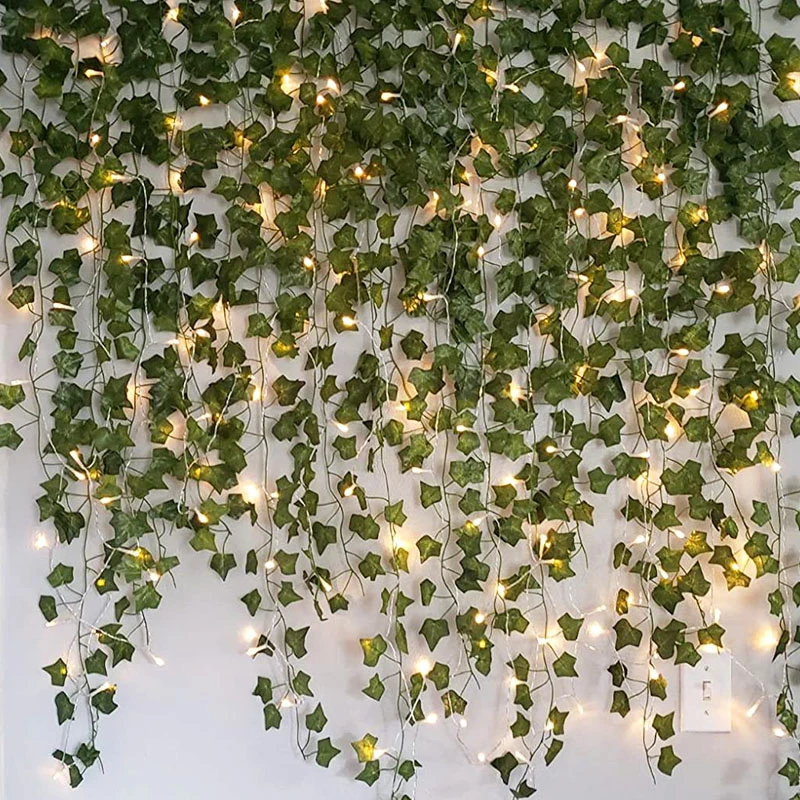 2.3m Artificial Creeper Green Leaf Ivy Vine with 2m LED String Lights DIY LED Leaf Garland For Wedding Party Decorative Light