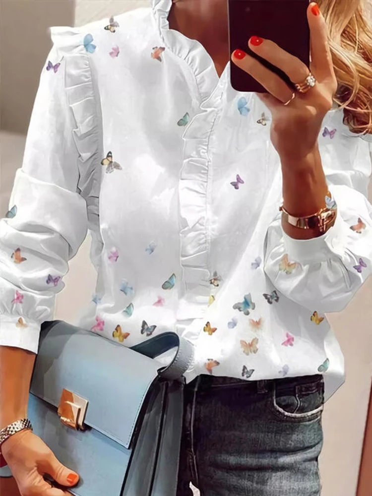 Oversize Work Wear Fashion Lady White Tee Shirts 2021 Summer Tops Plus Size Butterfly Print V-Neck Long Sleeves Casual Blouse