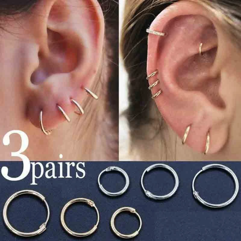 6Pcs 10/12/15.5mm Mixed Small Circle Hoop Earrings for Women Men Punk Ear Clip Jewelry Golden Silver Color Hoop Stud Earrings