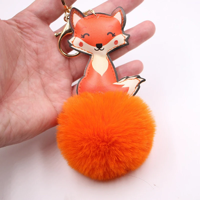 Fur Ball Keychain Charm Key Ring Cute Leather Fox Keyring Plush Fluffy Pompom Faux Rabbit Fur Ball Bag Car Key Charms Accessory