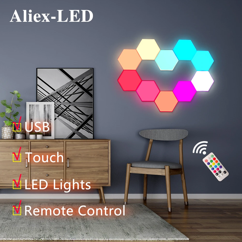 New LED Honeycomb Lights Quantum Hexagonal Light USB Touch /Remote Control 7 Color Discoloration for Bedroom DIY Decor Wall Lamp