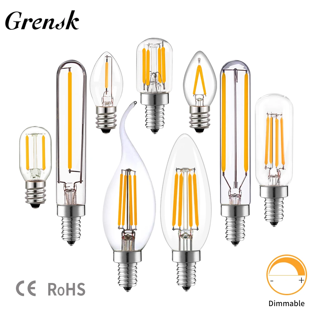 Grensk T20 Tubular LED Filament Bulbs 1W 2W E12 E14 110V 220V 2200K Warm White 2700K Dimmable Chandelier Led Vintage Light Bulbs