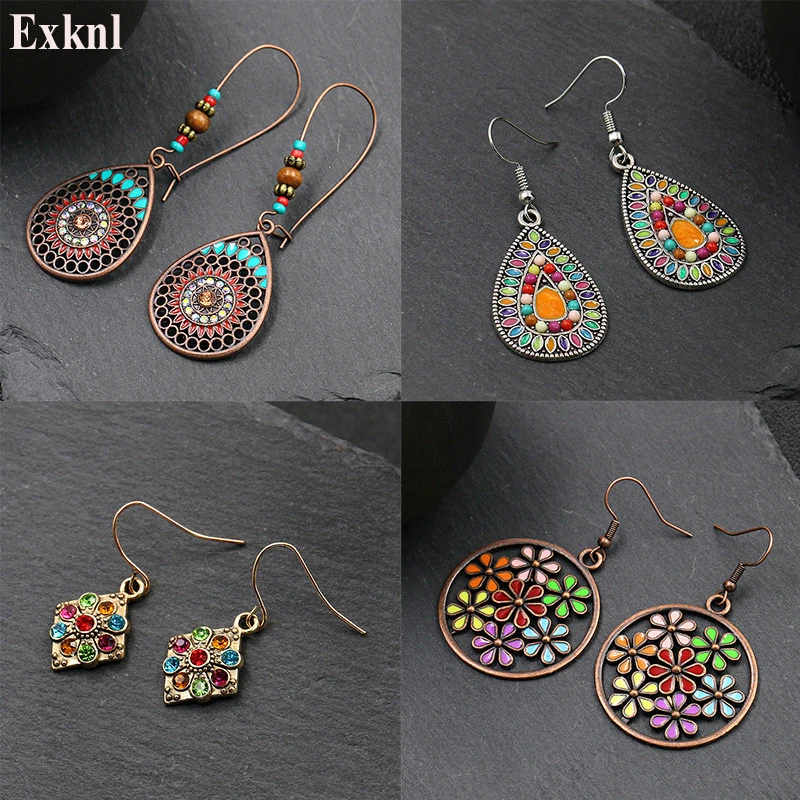 Exknl Fashion Vintage Drop Earrings For Women Alloy Crystal Ethnic Beads Boho Flower Earrings Colorful Dangle Earrings Jewelry