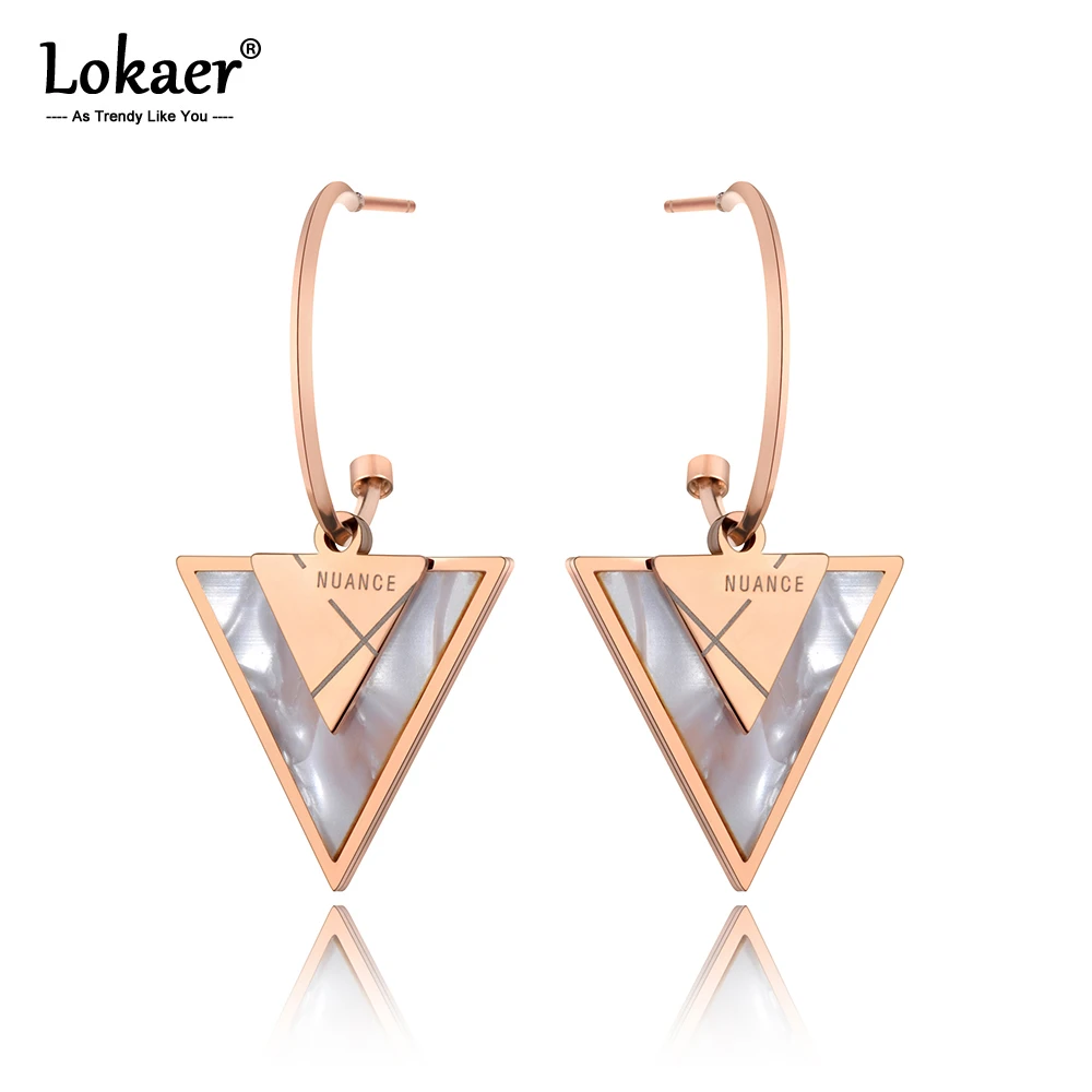 Lokaer Fashion Titanium Steel Geometric Triangle Earrings For Women Girls Bohemia Rose Gold White Shell Earrings Jewelry E19180