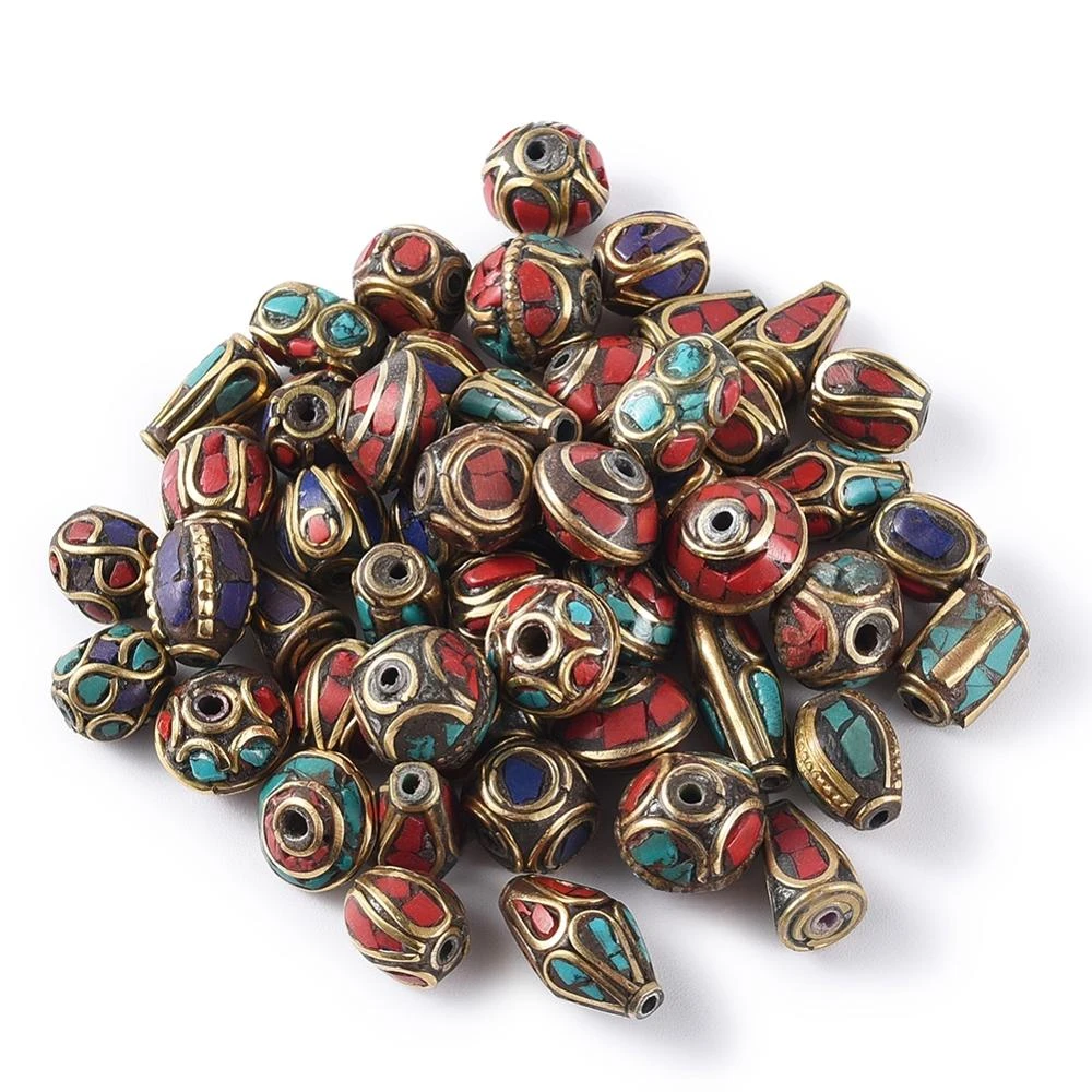 50pcs Tibetan Style Brass Beads with Synthetic Coral Antique Golden Retro Nepal Beads For Handmade Jewelry Making DIY Bracelets